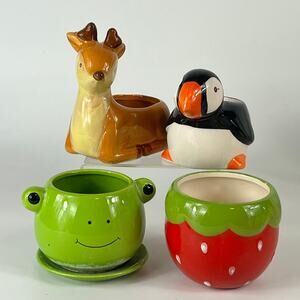 4 Figural Small Planters Deer Puffin Bird Frog Strawberry Desk Mini Collection